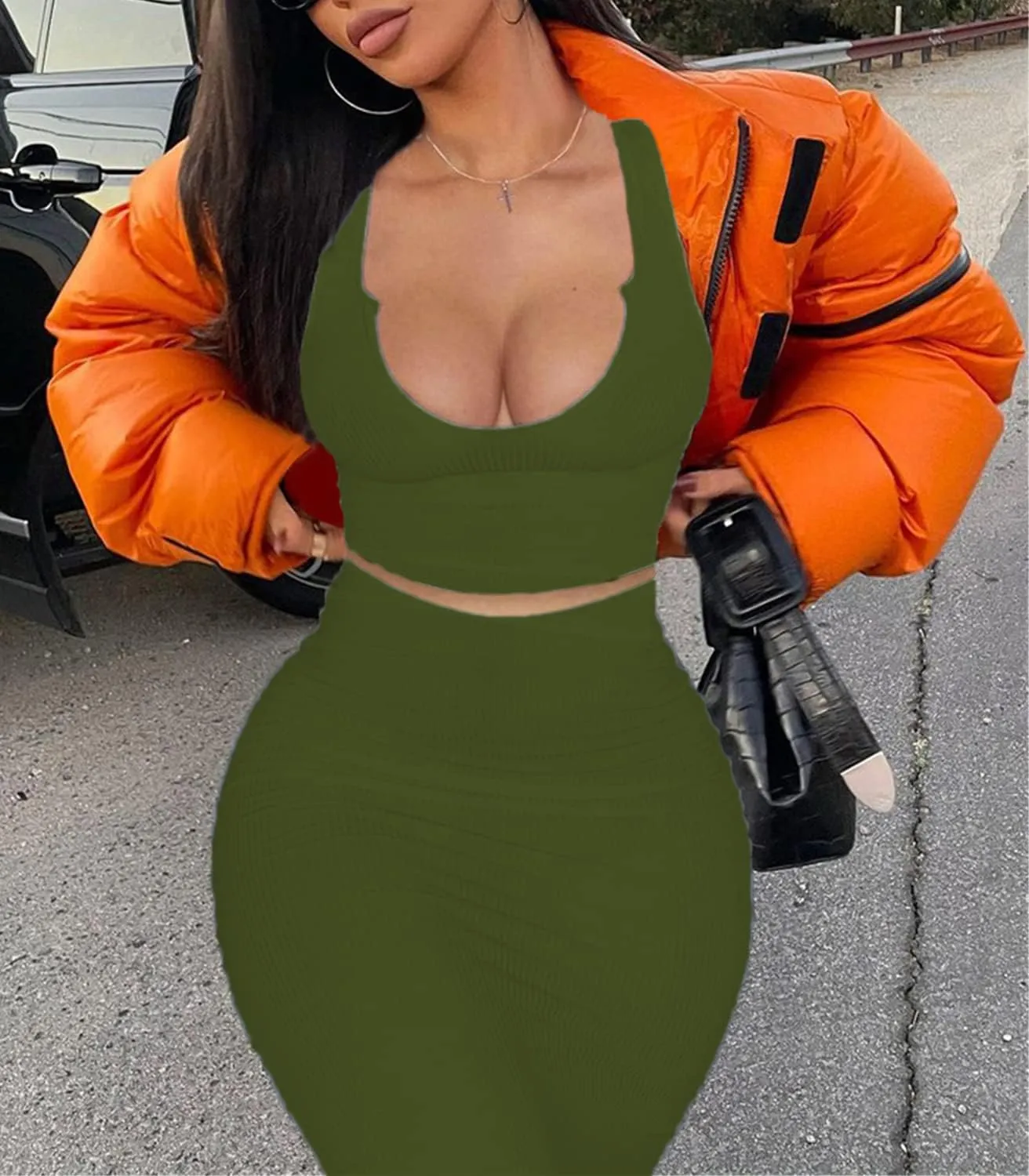2 Piece Outfit Maxi Dress for Women, Summer Deep U Neck Sleeveless Tank Crop Tops Long Skirt Set Party Bodycon Dresses