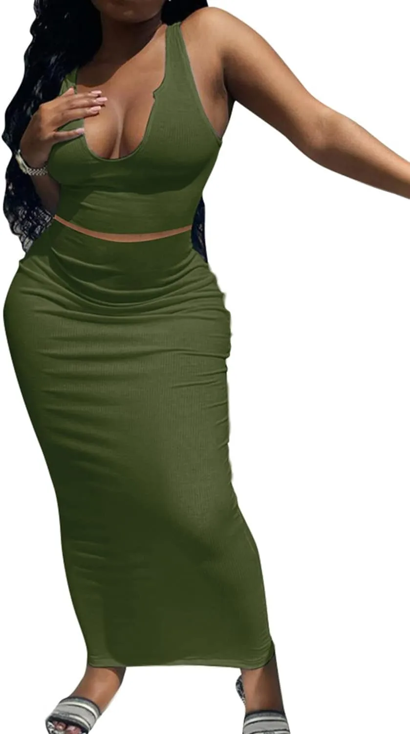 2 Piece Outfit Maxi Dress for Women, Summer Deep U Neck Sleeveless Tank Crop Tops Long Skirt Set Party Bodycon Dresses