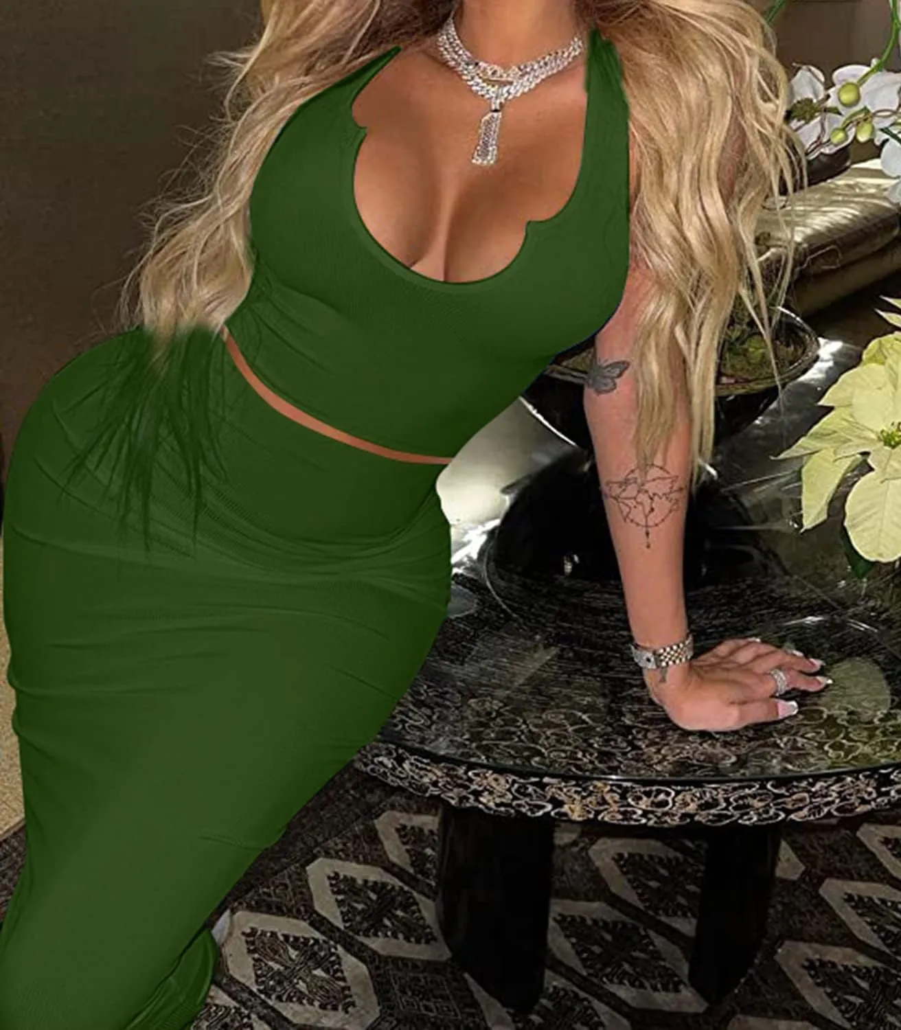 2 Piece Outfit Maxi Dress for Women, Summer Deep U Neck Sleeveless Tank Crop Tops Long Skirt Set Party Bodycon Dresses