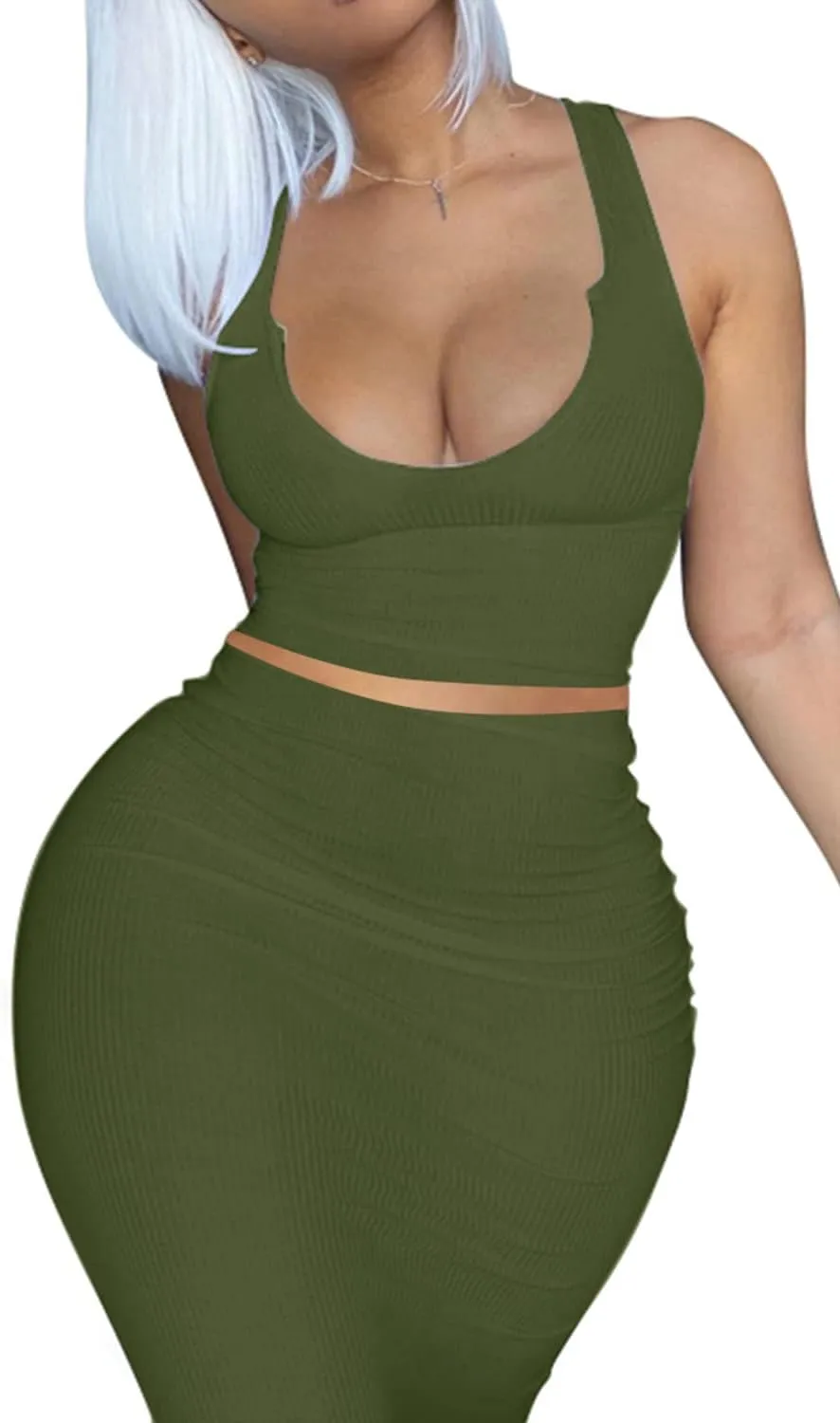 2 Piece Outfit Maxi Dress for Women, Summer Deep U Neck Sleeveless Tank Crop Tops Long Skirt Set Party Bodycon Dresses