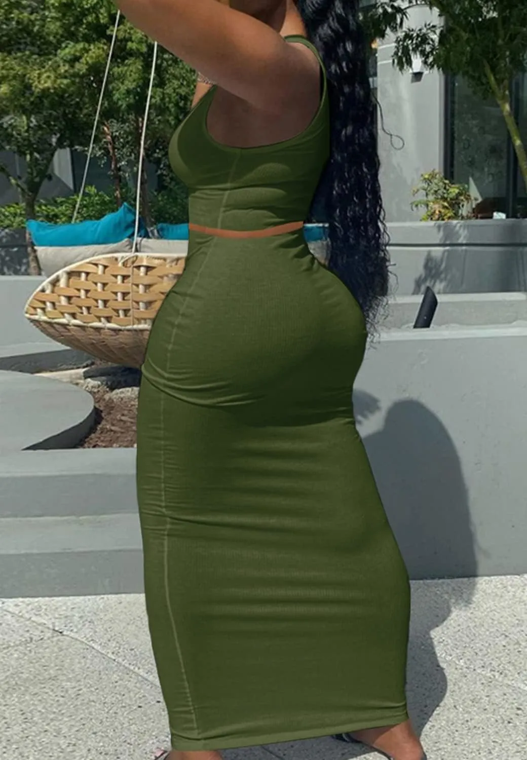 2 Piece Outfit Maxi Dress for Women, Summer Deep U Neck Sleeveless Tank Crop Tops Long Skirt Set Party Bodycon Dresses