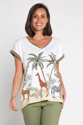 Africa Drop Shoulder Cotton Tee - White/Khaki