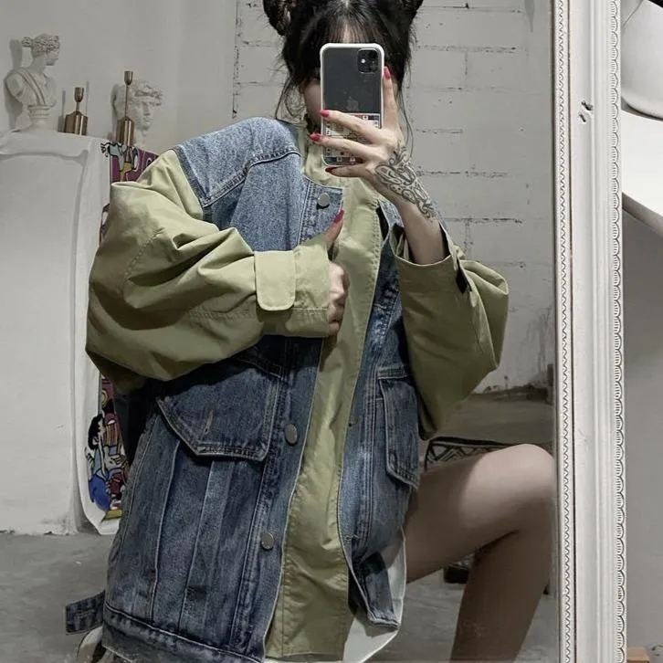 Army Green Black Denim Stitched Oversized Jacket