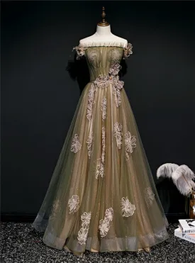 Army Green Tulle Off the Shoulder Prom Dress