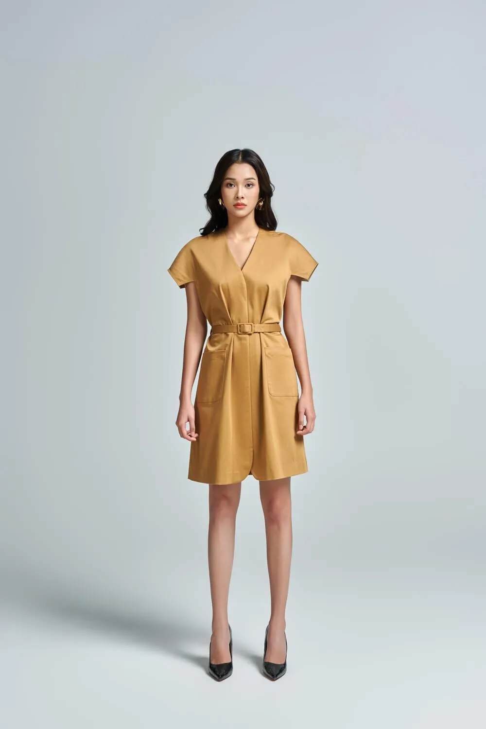 Aviva Straight V-Neck Khaki Mini Dress
