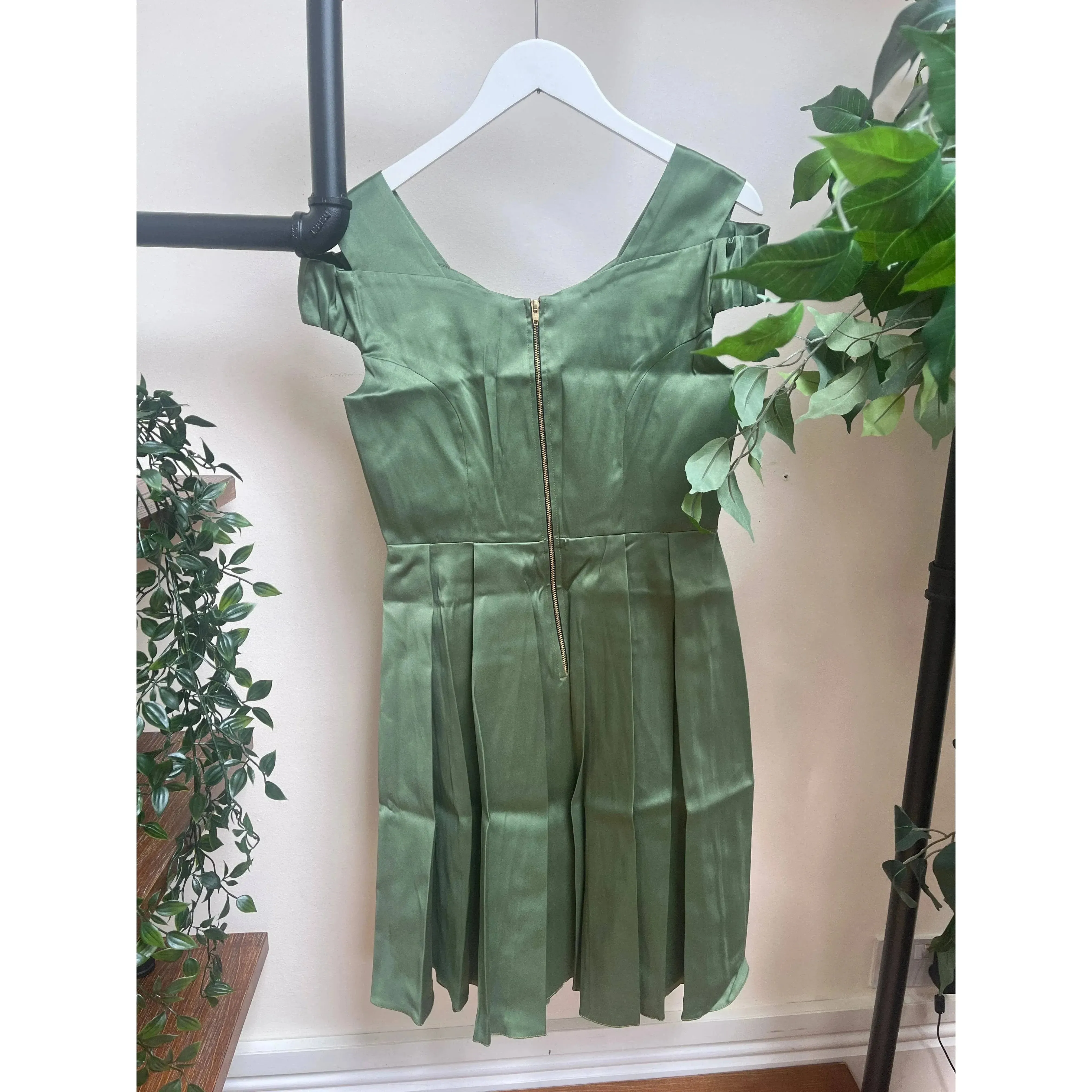 Bardot Tea Dress - Khaki Satin (10)