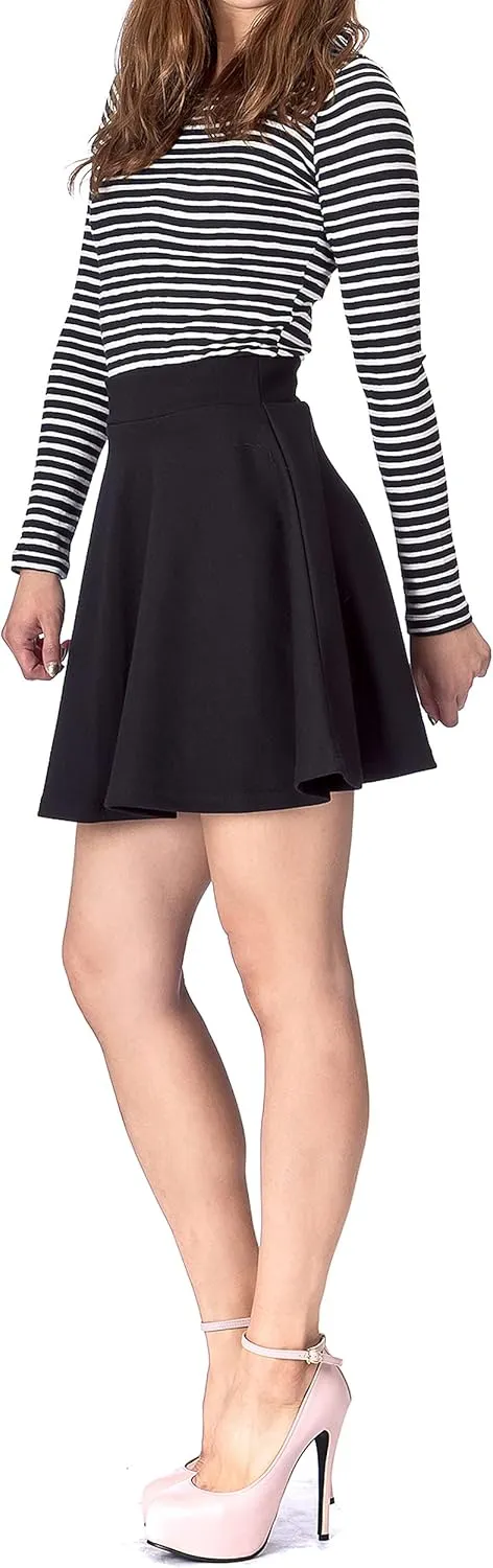 Basic Solid Stretchy Cotton High Waist A-line Flared Casual Skater Mini Skirt