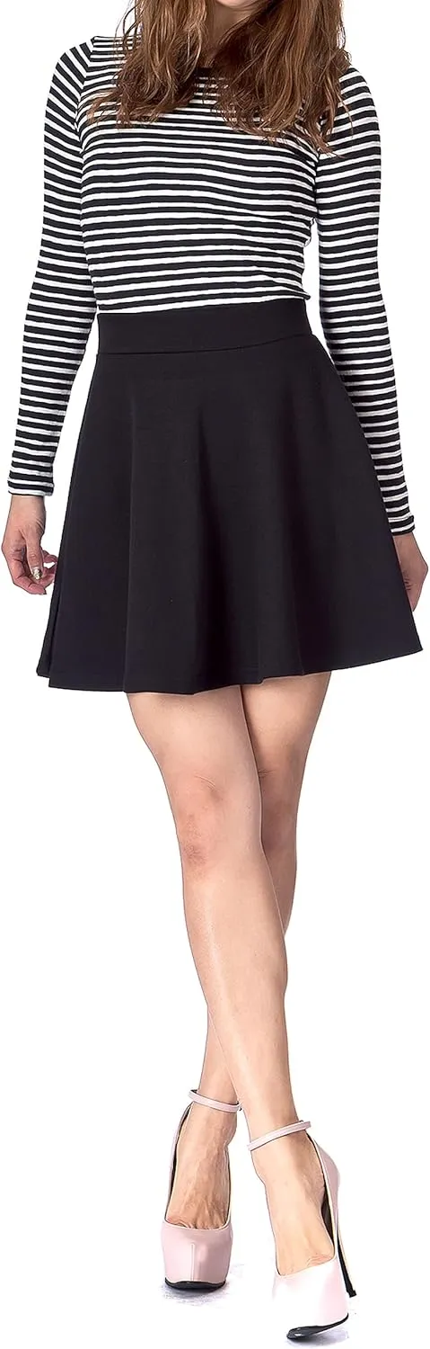 Basic Solid Stretchy Cotton High Waist A-line Flared Casual Skater Mini Skirt