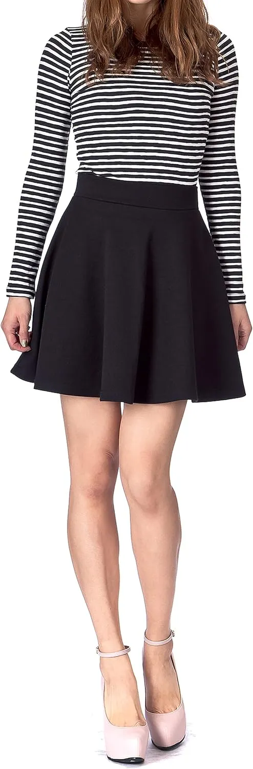 Basic Solid Stretchy Cotton High Waist A-line Flared Casual Skater Mini Skirt