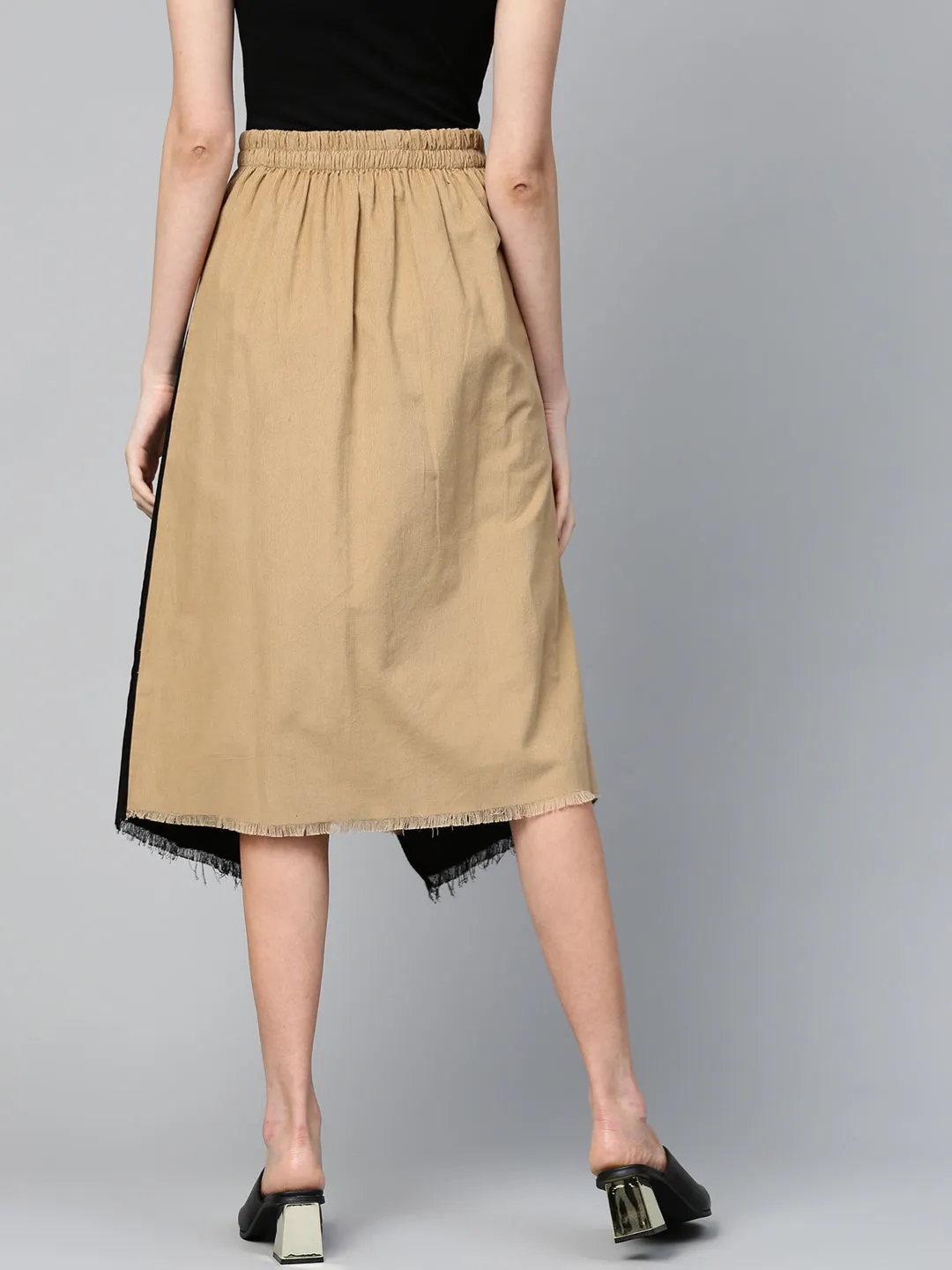 Black & Beige Colorblock Asymmetric Skirt