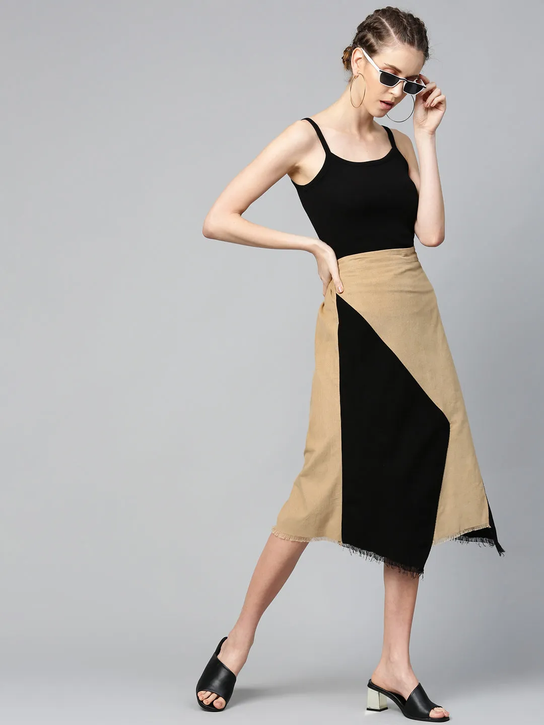 Black & Beige Colorblock Asymmetric Skirt