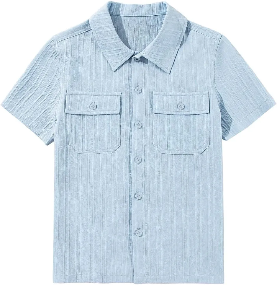 blibean Boys Button-Down Uniform Shirts Semi Formal Dress Tops with Chest Pockets