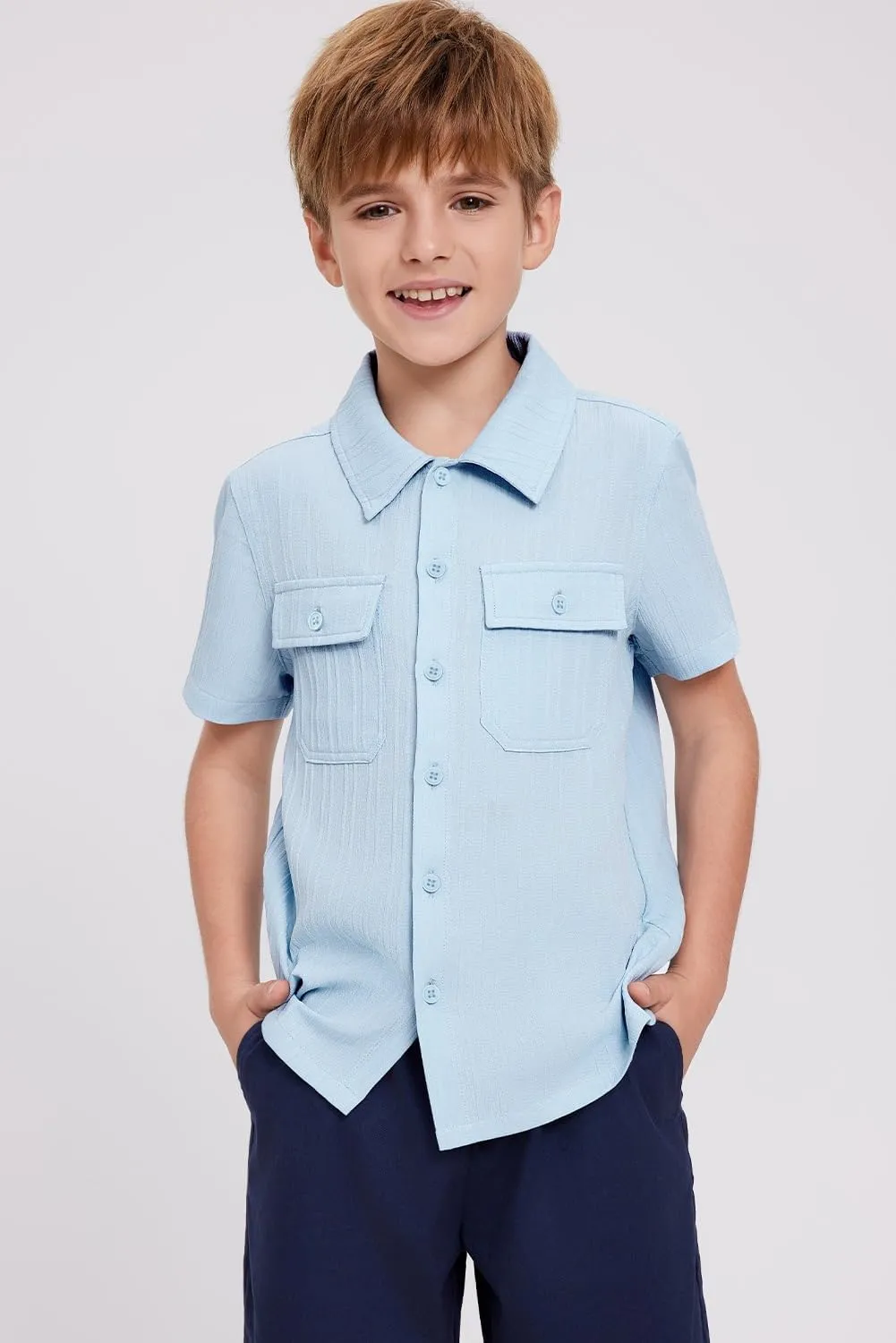 blibean Boys Button-Down Uniform Shirts Semi Formal Dress Tops with Chest Pockets