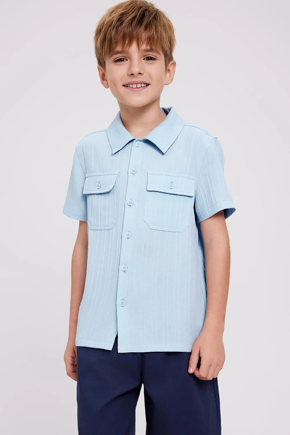 blibean Boys Button-Down Uniform Shirts Semi Formal Dress Tops with Chest Pockets