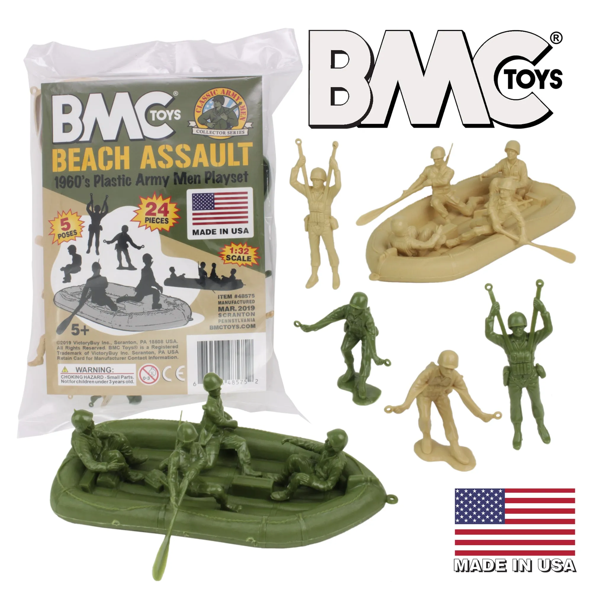 BMC Marx Plastic Army Men BEACH ASSAULT - OD Green & Tan 24pc WW2 US Soldiers