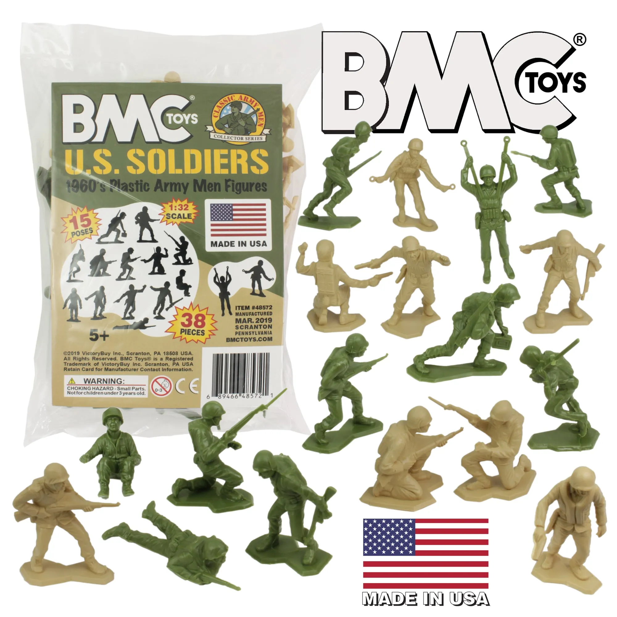 BMC Marx Plastic Army Men US Soldiers - Green vs Tan 38pc WW2 Figures - USA Made