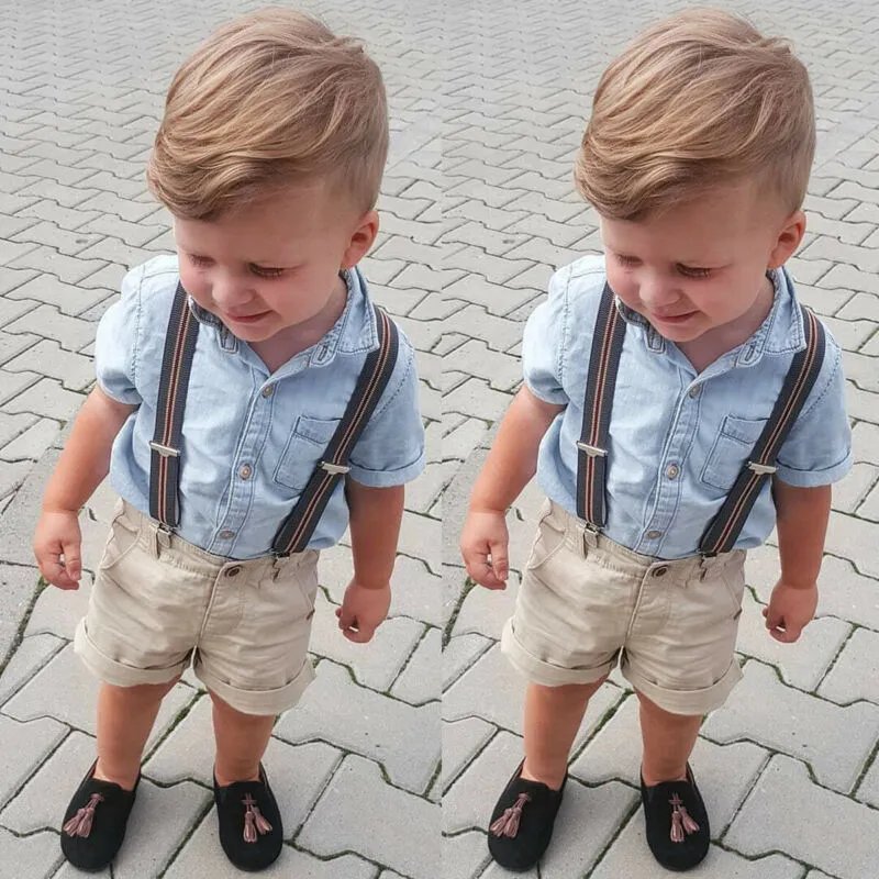 Boys Blue Shirt and Khaki Shorts Outfit with Suspenders