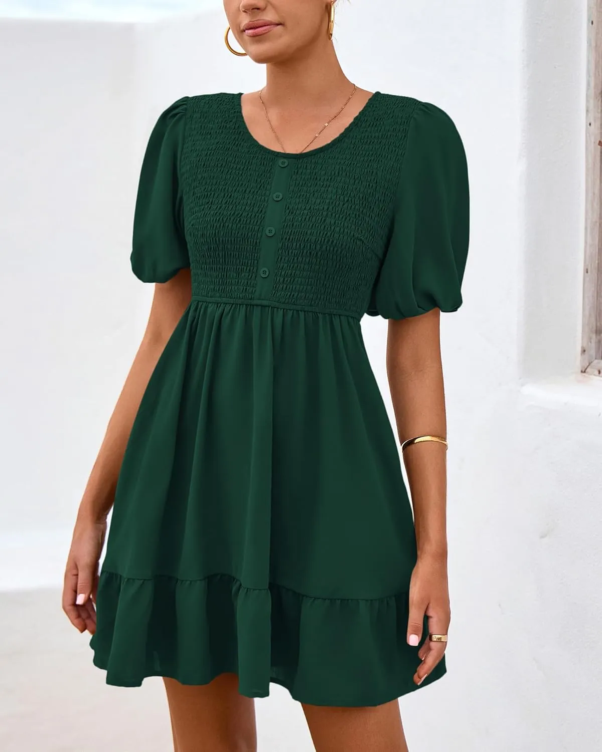 BTFBM Spring Empire Waist Dress for Women 2025 Summer Smocked Crewneck Puff Short Sleeve Beach Vacation Mini Dresses