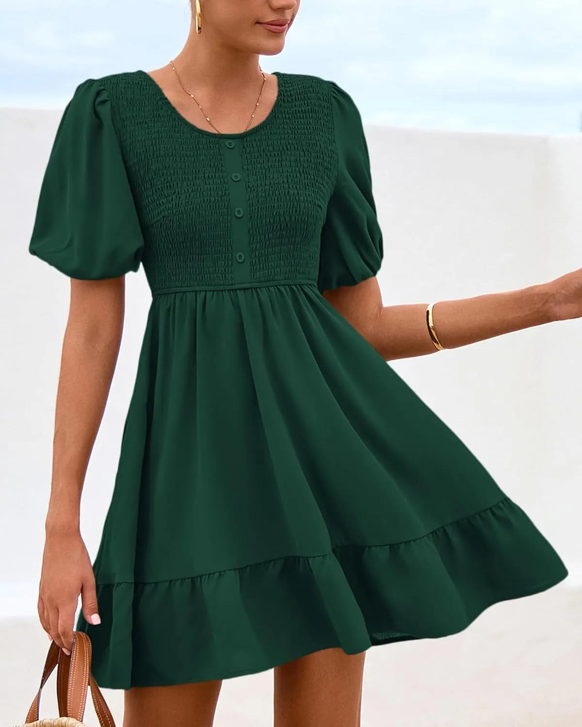 BTFBM Spring Empire Waist Dress for Women 2025 Summer Smocked Crewneck Puff Short Sleeve Beach Vacation Mini Dresses
