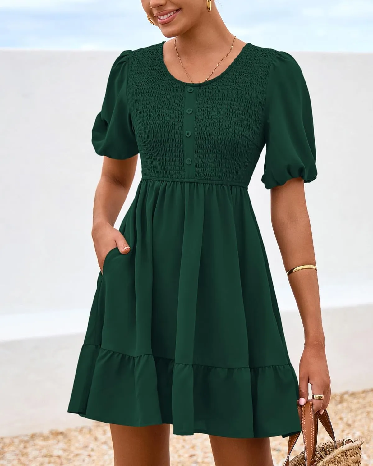 BTFBM Spring Empire Waist Dress for Women 2025 Summer Smocked Crewneck Puff Short Sleeve Beach Vacation Mini Dresses