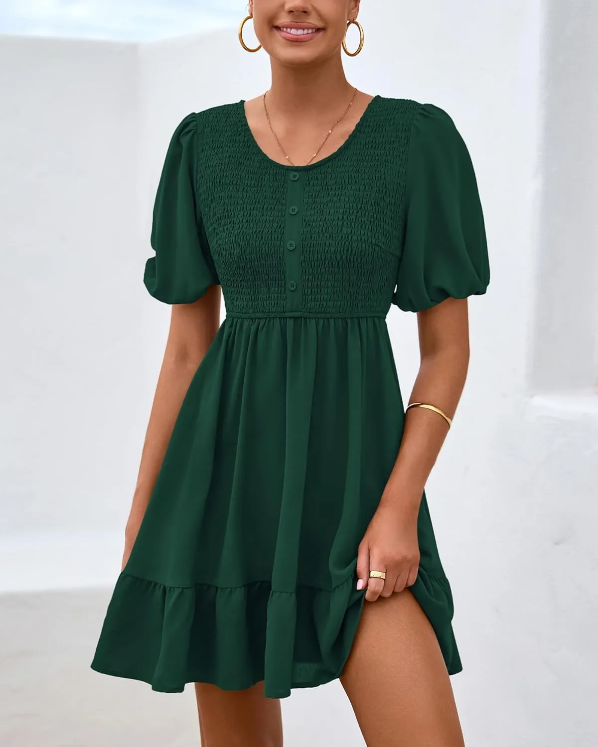 BTFBM Spring Empire Waist Dress for Women 2025 Summer Smocked Crewneck Puff Short Sleeve Beach Vacation Mini Dresses