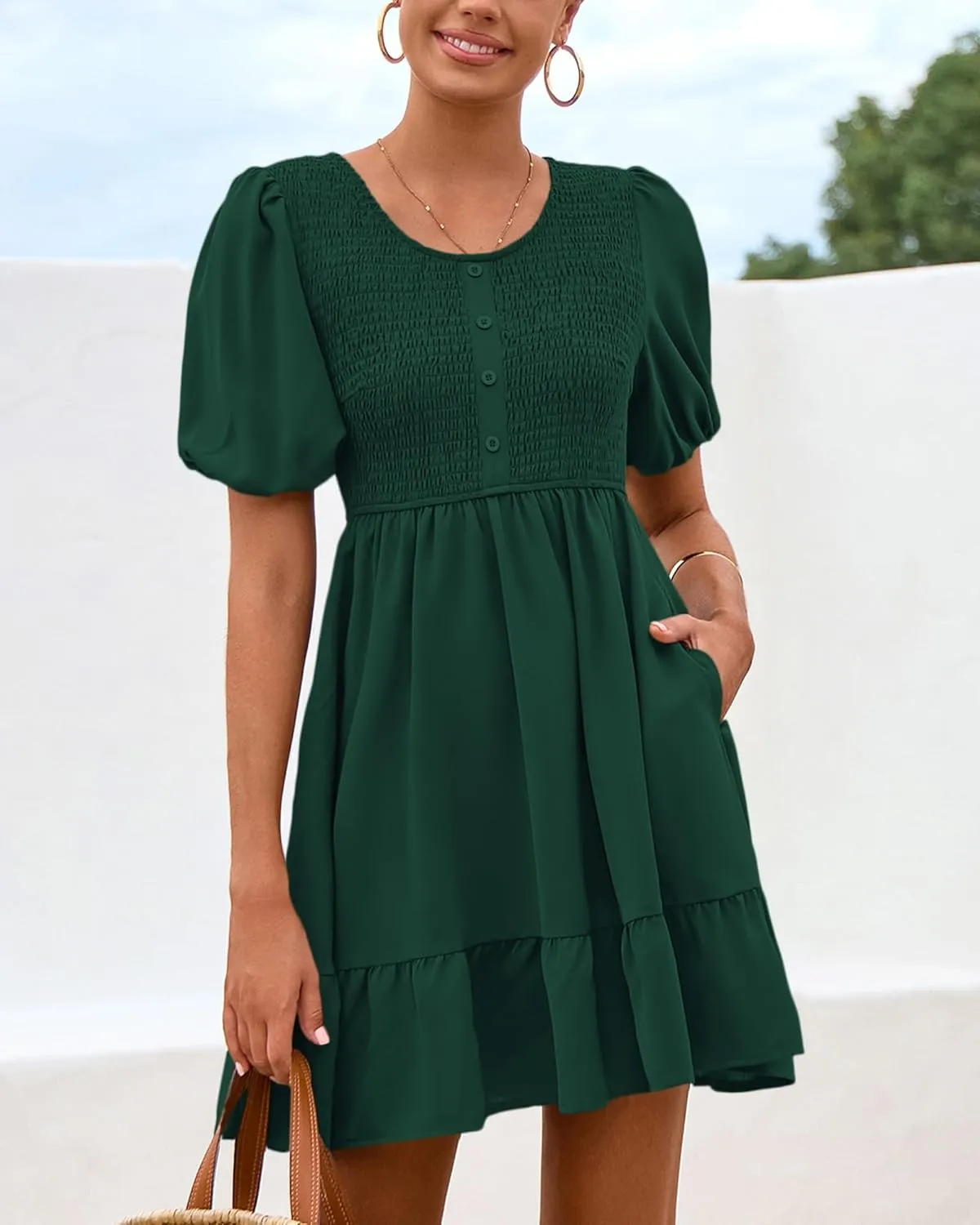 BTFBM Spring Empire Waist Dress for Women 2025 Summer Smocked Crewneck Puff Short Sleeve Beach Vacation Mini Dresses