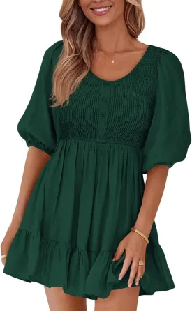 BTFBM Spring Empire Waist Dress for Women 2025 Summer Smocked Crewneck Puff Short Sleeve Beach Vacation Mini Dresses