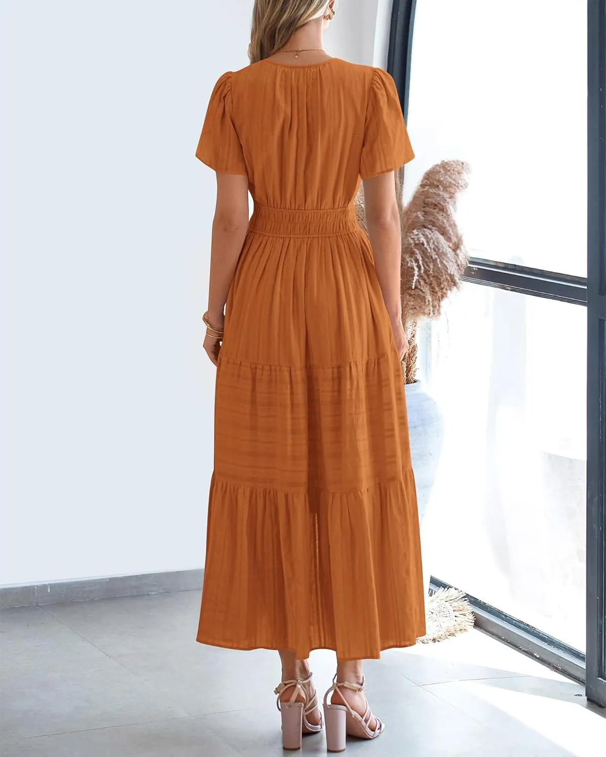 BTFBM Womens Summer 2025 Casual Midi Maxi Dresses Lightweight Short Sleeve V Neck Elastic Waist Boho Beach Dress Pockets