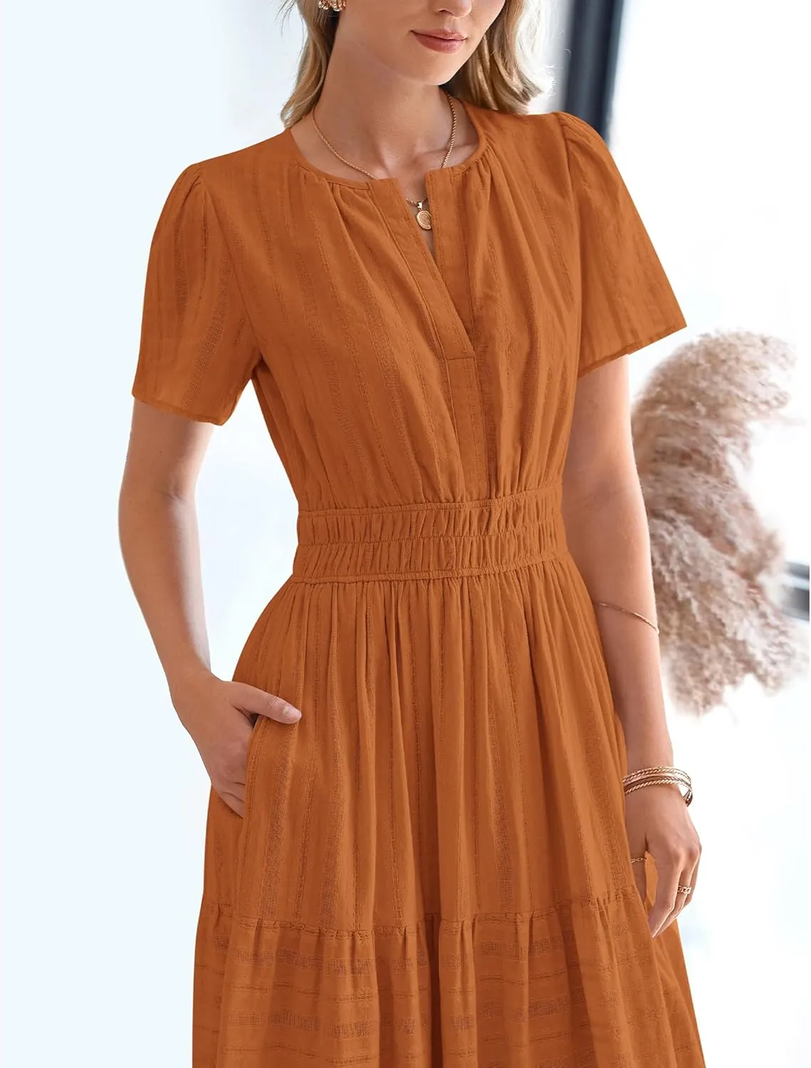 BTFBM Womens Summer 2025 Casual Midi Maxi Dresses Lightweight Short Sleeve V Neck Elastic Waist Boho Beach Dress Pockets