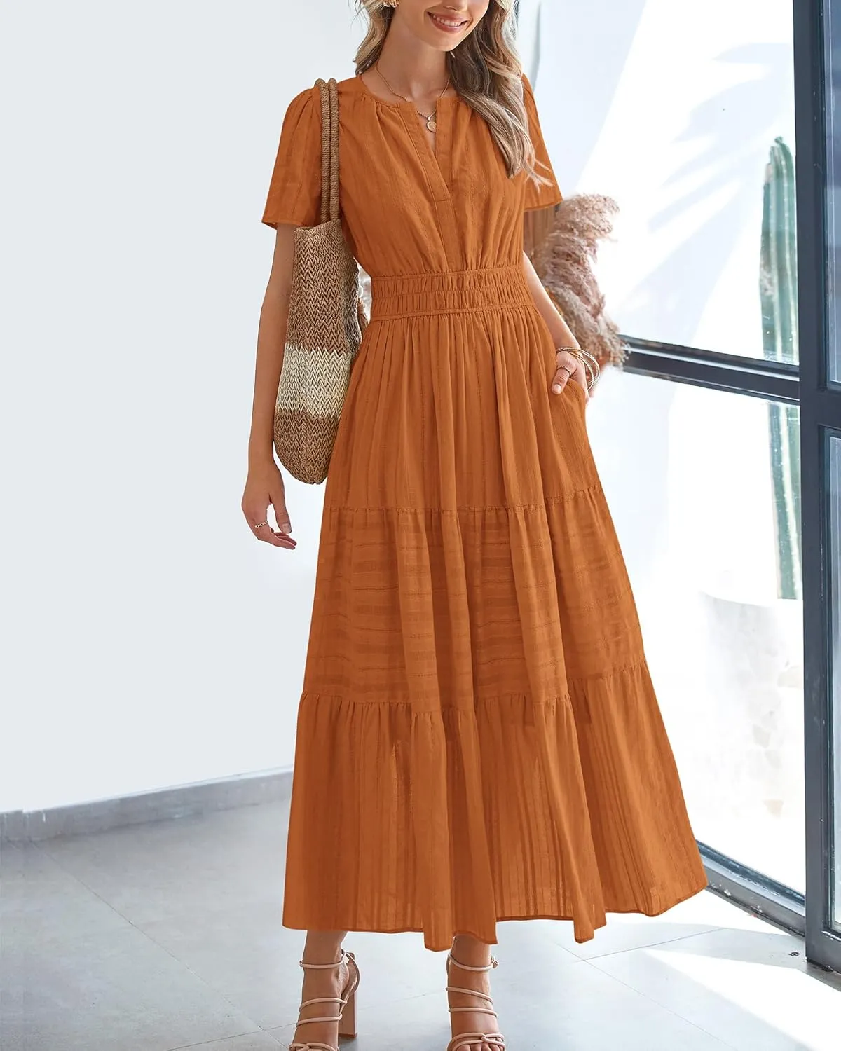 BTFBM Womens Summer 2025 Casual Midi Maxi Dresses Lightweight Short Sleeve V Neck Elastic Waist Boho Beach Dress Pockets