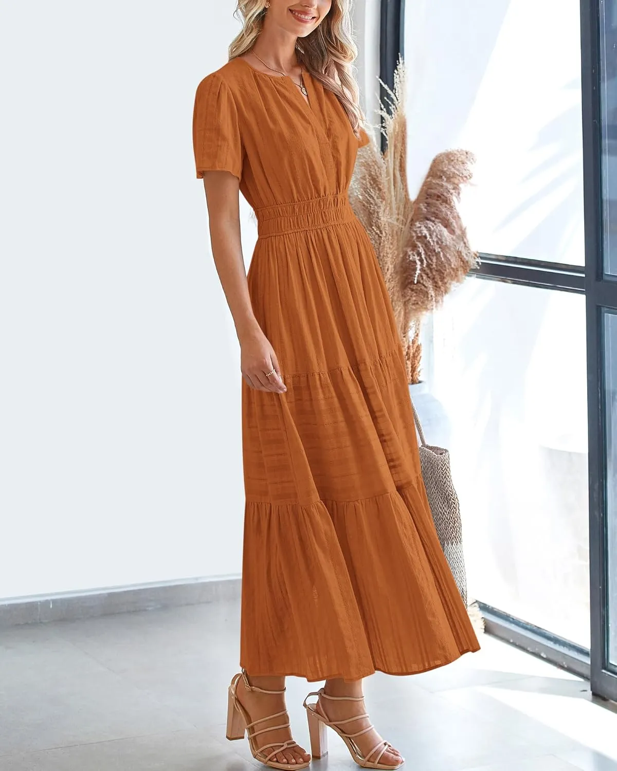BTFBM Womens Summer 2025 Casual Midi Maxi Dresses Lightweight Short Sleeve V Neck Elastic Waist Boho Beach Dress Pockets