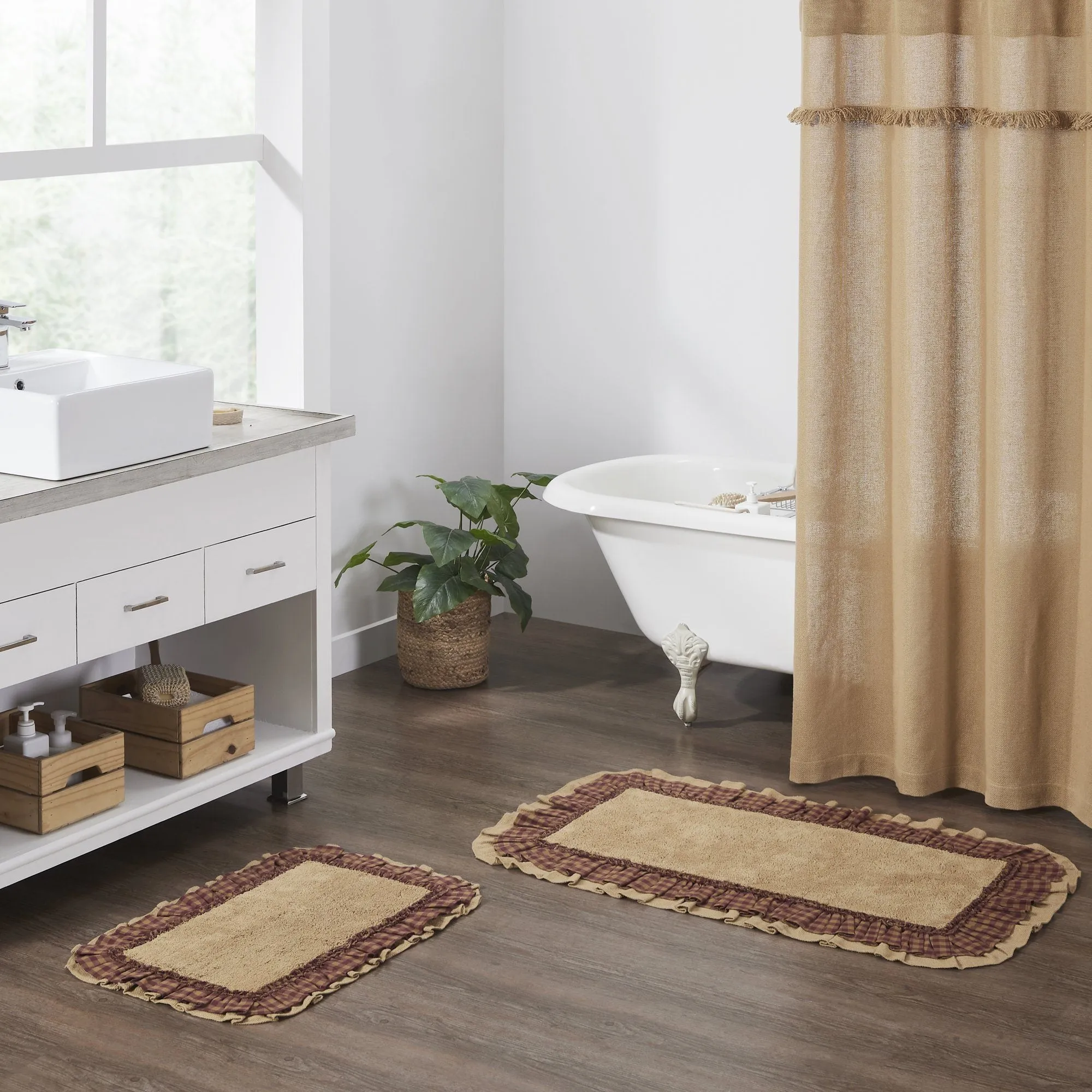 Burlap Natural with Burgundy Check Bathmat 20x30"