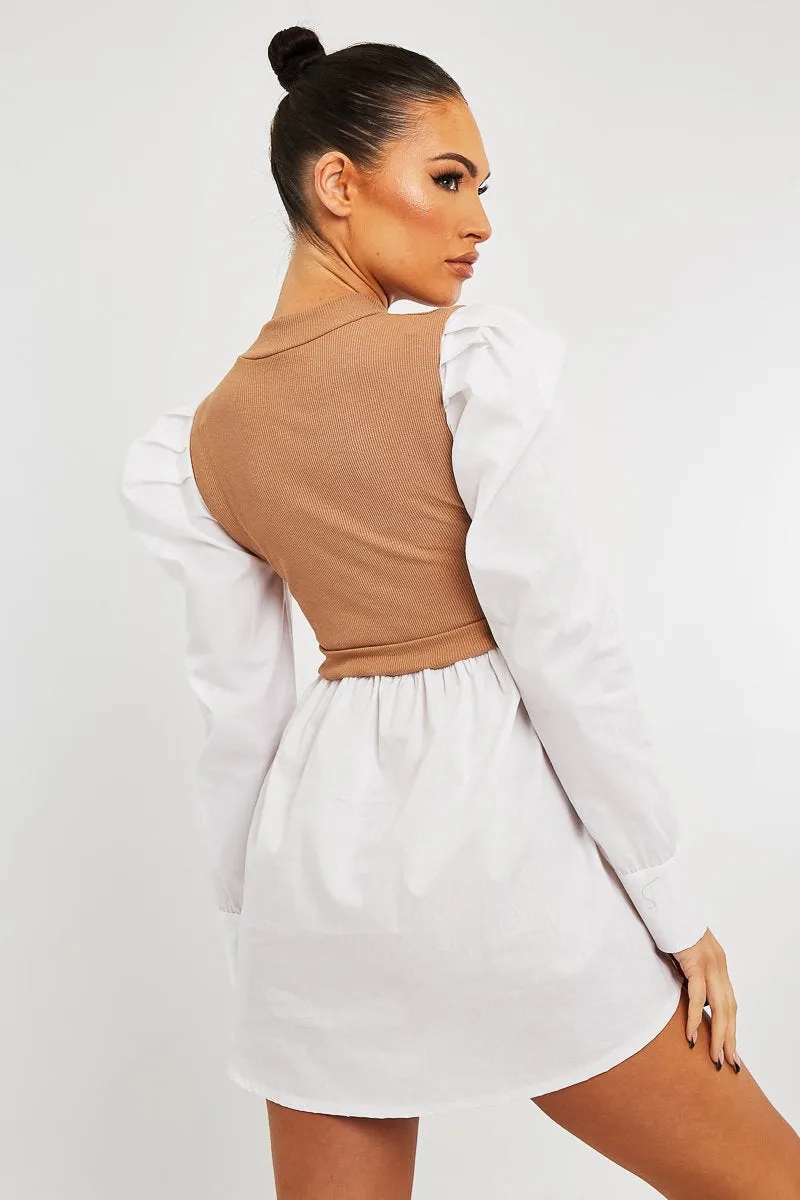 Camel Overlay Detail Puff Sleeve White Shirt Dress - Olah