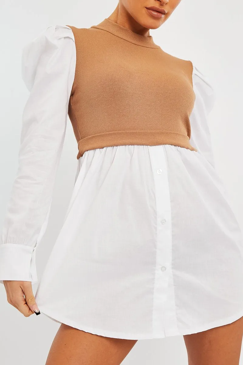 Camel Overlay Detail Puff Sleeve White Shirt Dress - Olah
