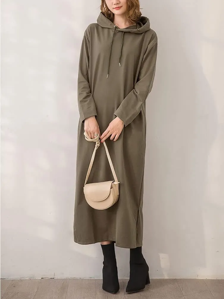 chouyatou Women's Basic Solid Long Sleeve Sweatshirt Hoodie Maxi Dress With Pockets
