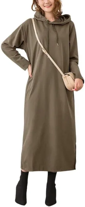 chouyatou Women's Basic Solid Long Sleeve Sweatshirt Hoodie Maxi Dress With Pockets