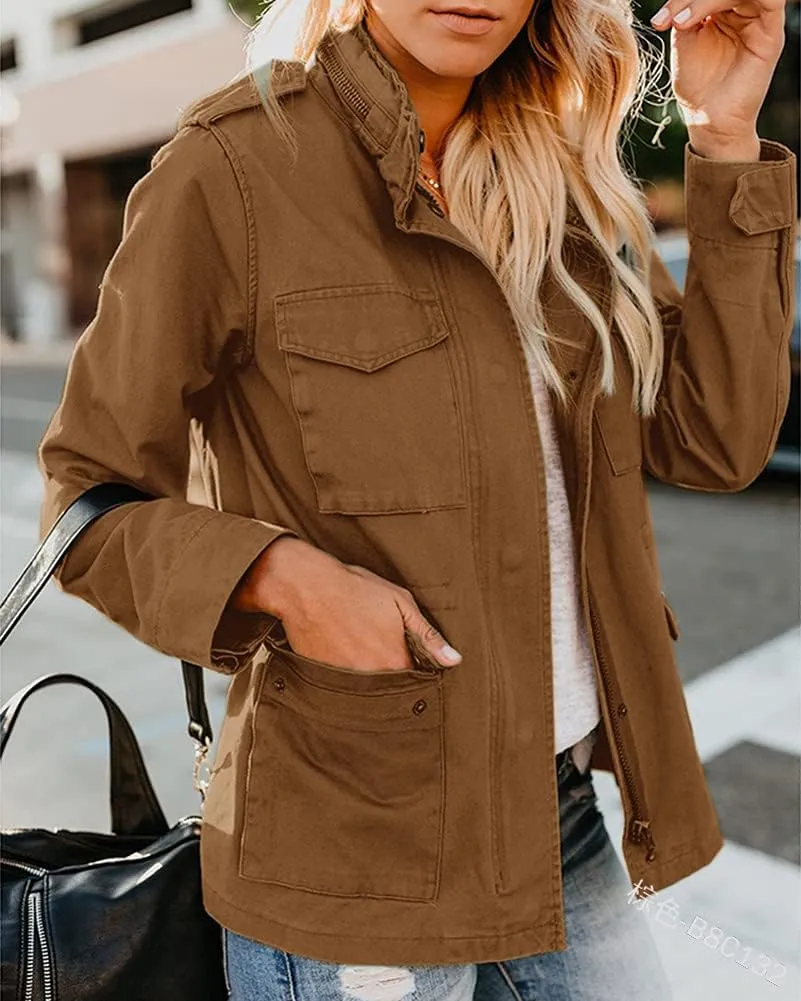 chouyatou Women's Fall Stand Collar Zip Up Military Cotton Utility Safari Jacket