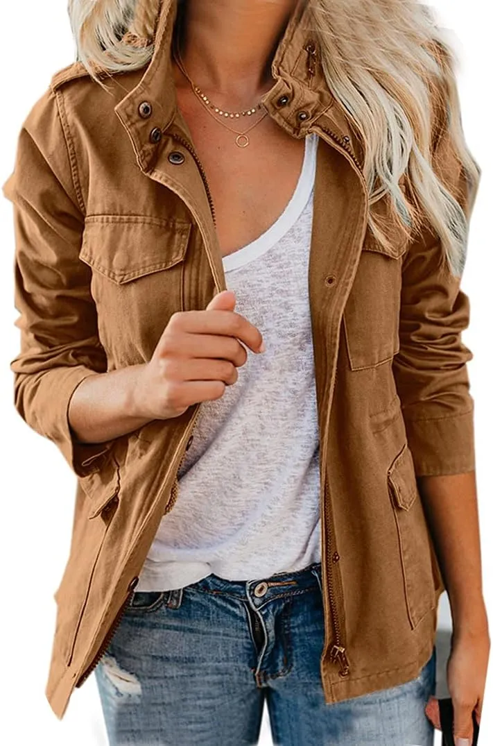 chouyatou Women's Fall Stand Collar Zip Up Military Cotton Utility Safari Jacket