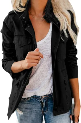 chouyatou Women's Fall Stand Collar Zip Up Military Cotton Utility Safari Jacket