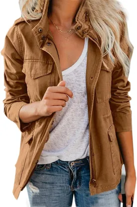 chouyatou Women's Fall Stand Collar Zip Up Military Cotton Utility Safari Jacket