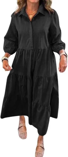 chouyatou Women's Loose Fit Puff Sleeve Maxi Tiered Babydoll Dress V-Neck Cotton Long Button Down Dress