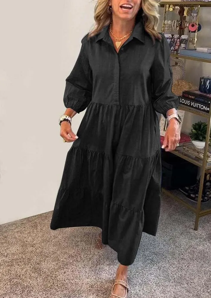 chouyatou Women's Loose Fit Puff Sleeve Maxi Tiered Babydoll Dress V-Neck Cotton Long Button Down Dress