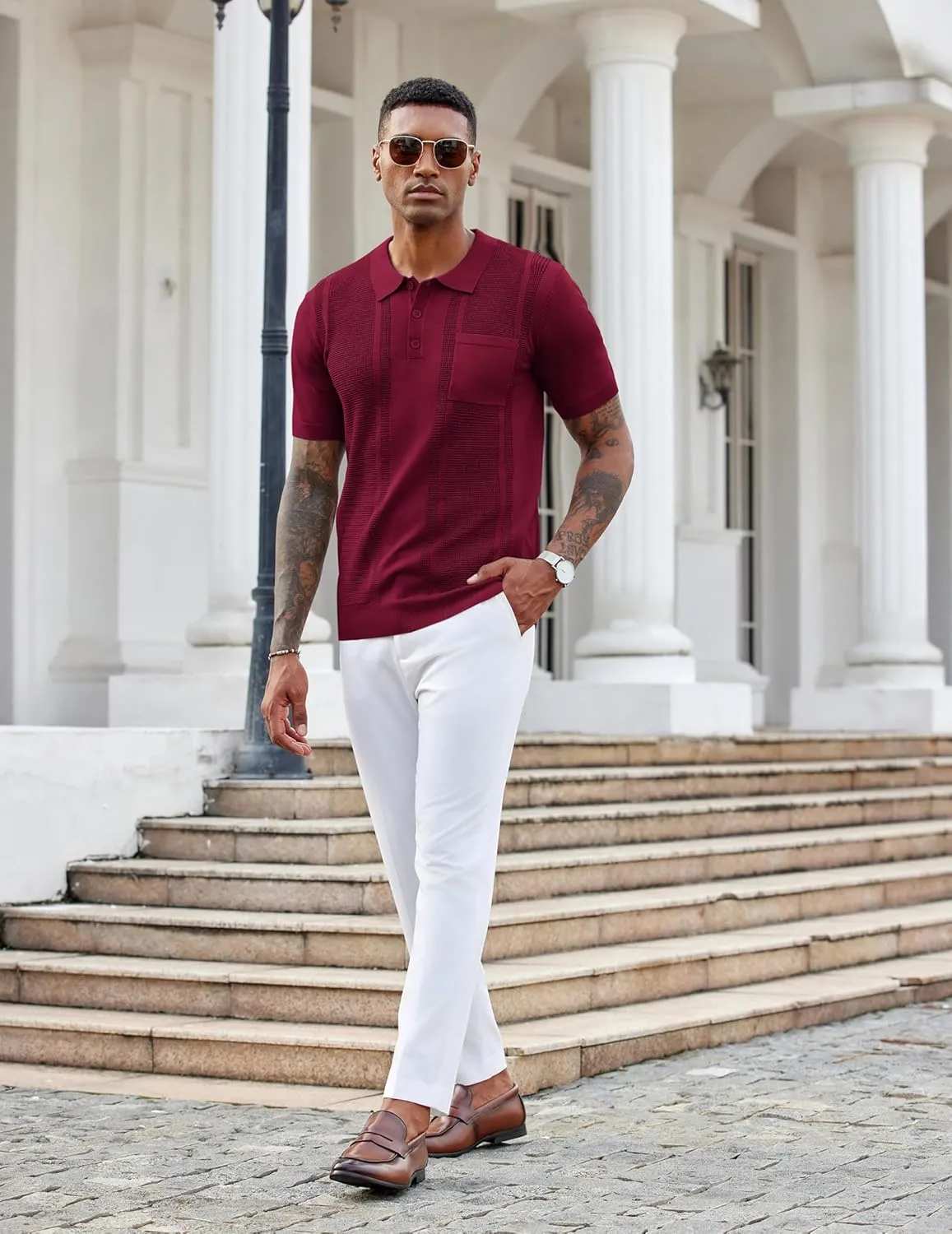 COOFANDY Knit Polo Shirts for Men Short Sleeve Textured Polo Shirt Slim Fit Summer Collared T Shirt with Pocket