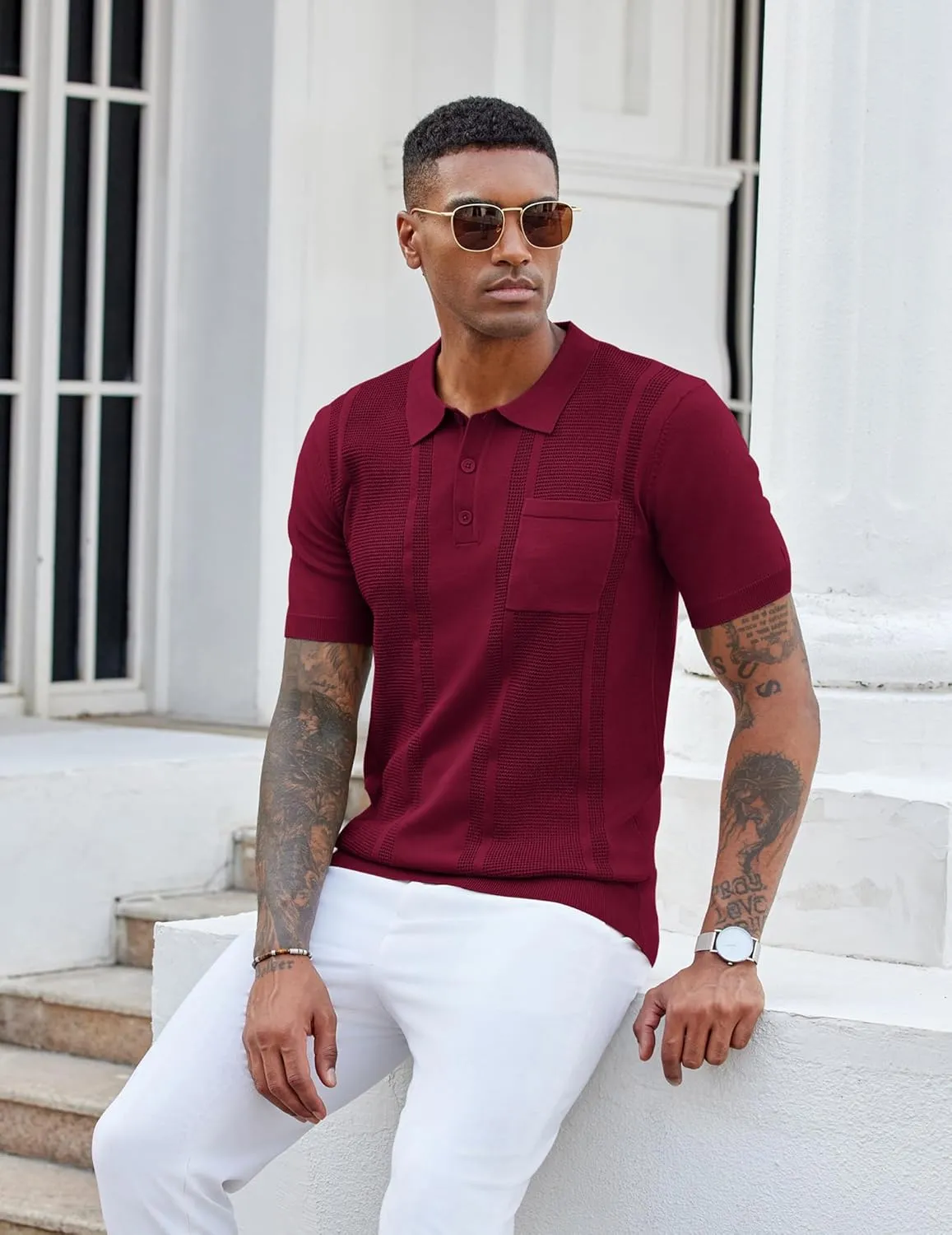 COOFANDY Knit Polo Shirts for Men Short Sleeve Textured Polo Shirt Slim Fit Summer Collared T Shirt with Pocket