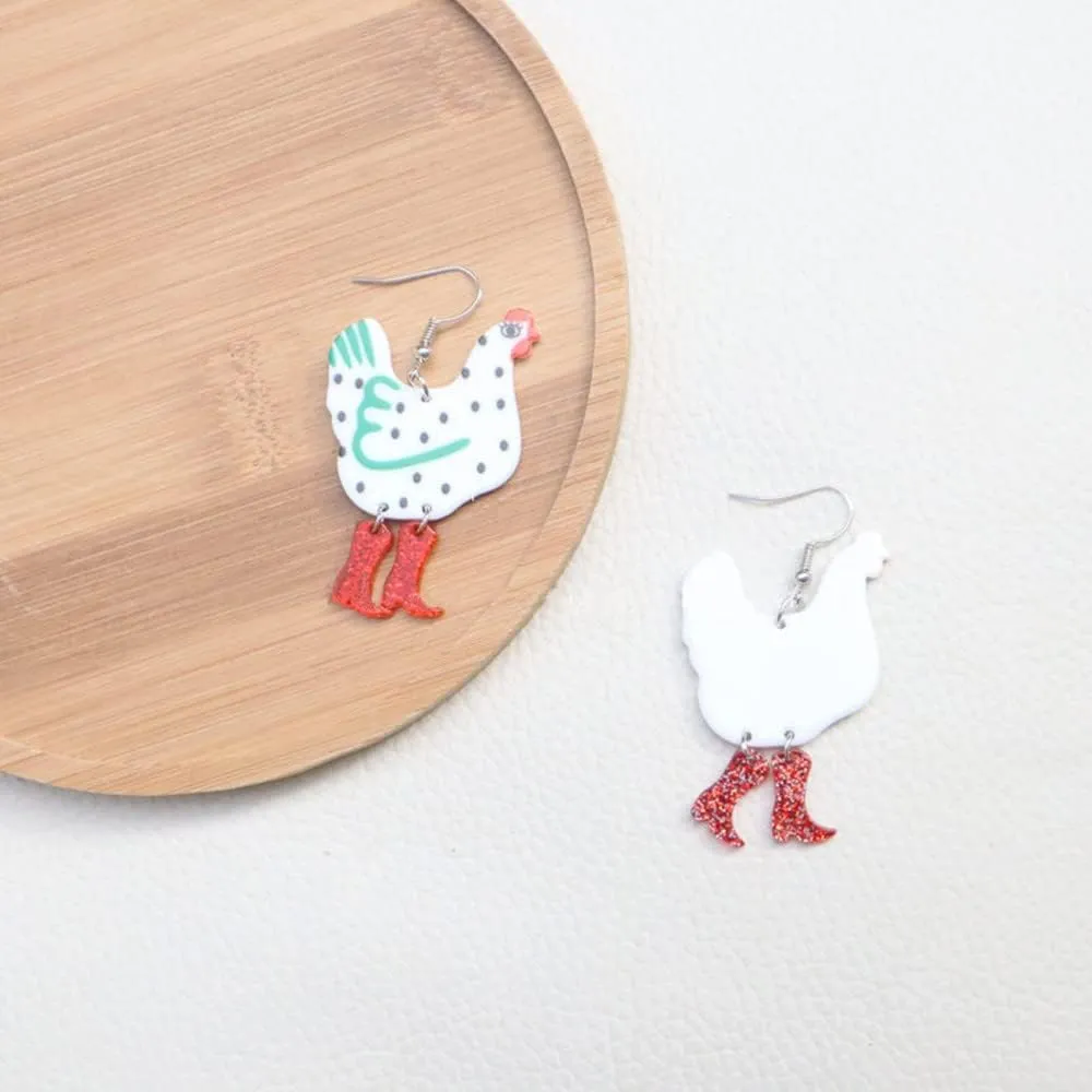 Cute Acrylic Animal Drop Earrings Colorful Boots Chicken Hen Dinosaur Lovely Panda with Bamboos Funny Animal Dangle Earrings For Women Christams Birthday Gift