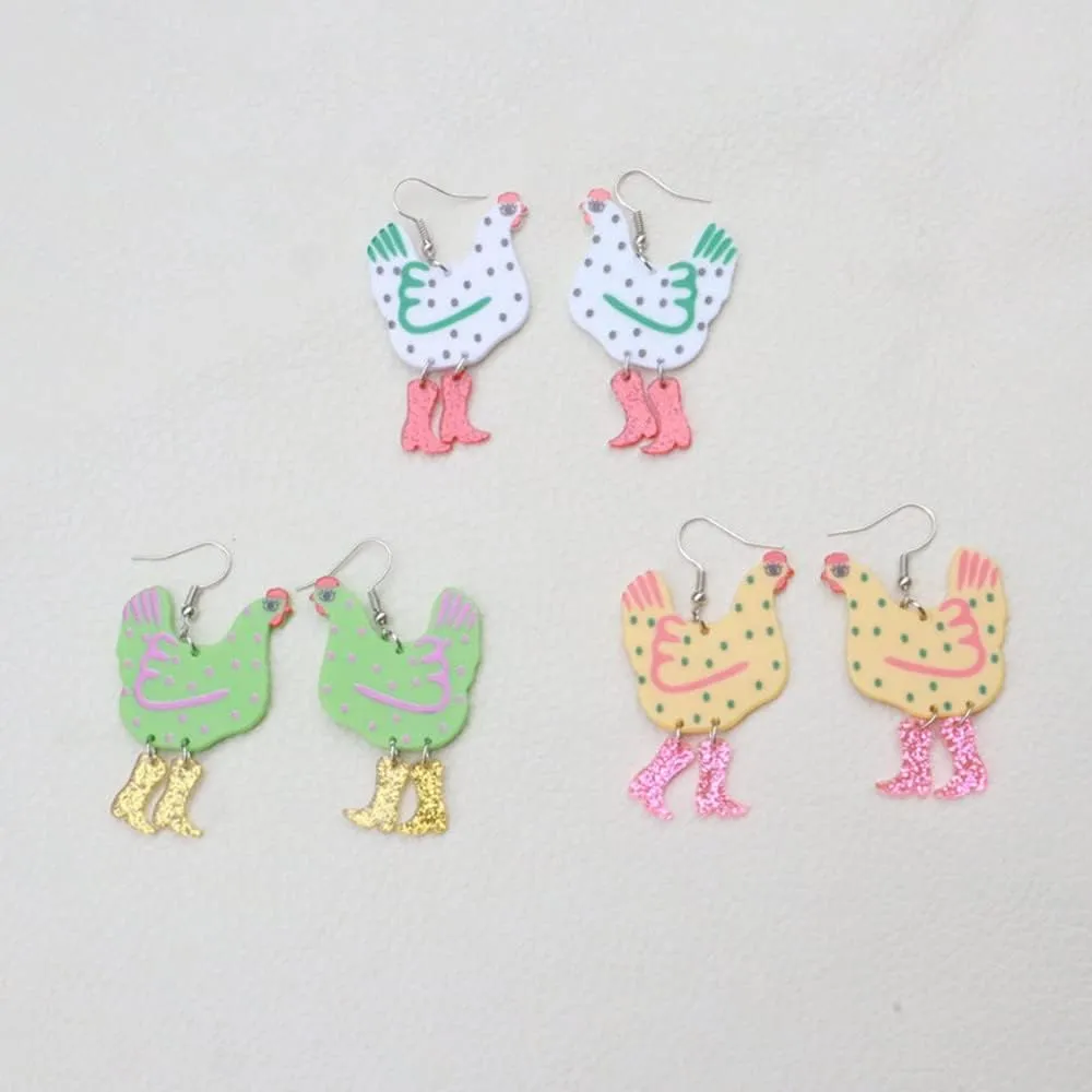 Cute Acrylic Animal Drop Earrings Colorful Boots Chicken Hen Dinosaur Lovely Panda with Bamboos Funny Animal Dangle Earrings For Women Christams Birthday Gift