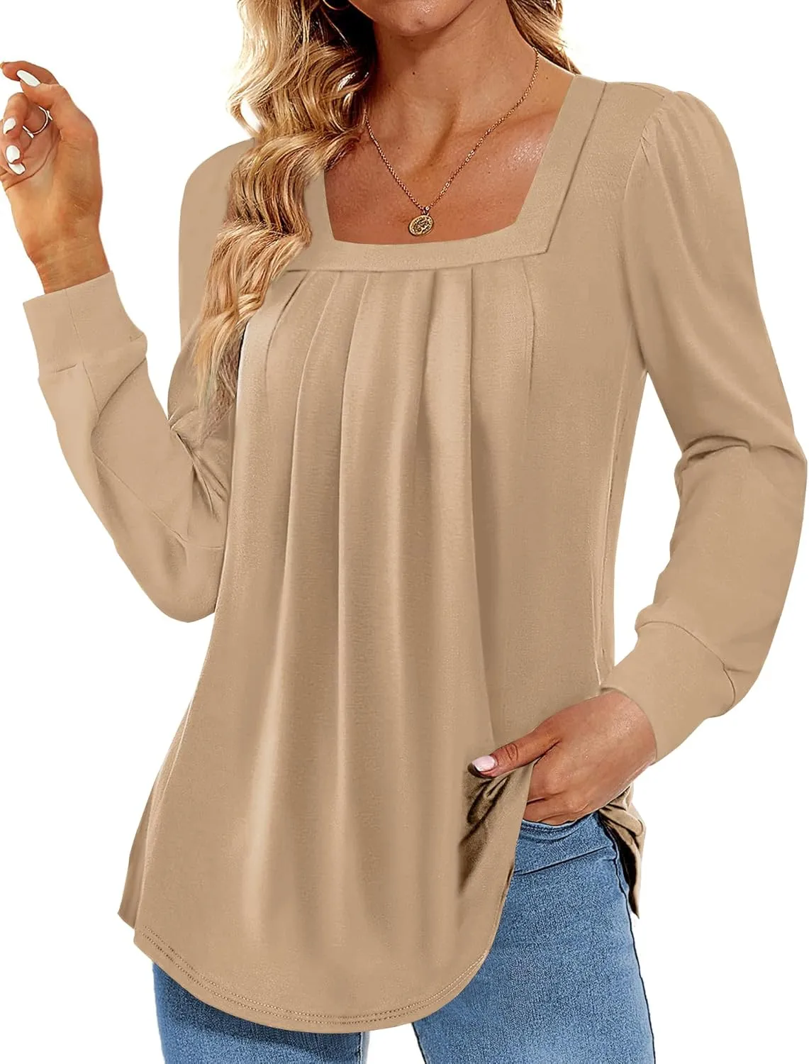 Danedvi Womens Square Neck Long Sleeve Tunic Tops Casual Pleated Puff Sleeve T Shirts Fall Loose Blouse Tee Khaki