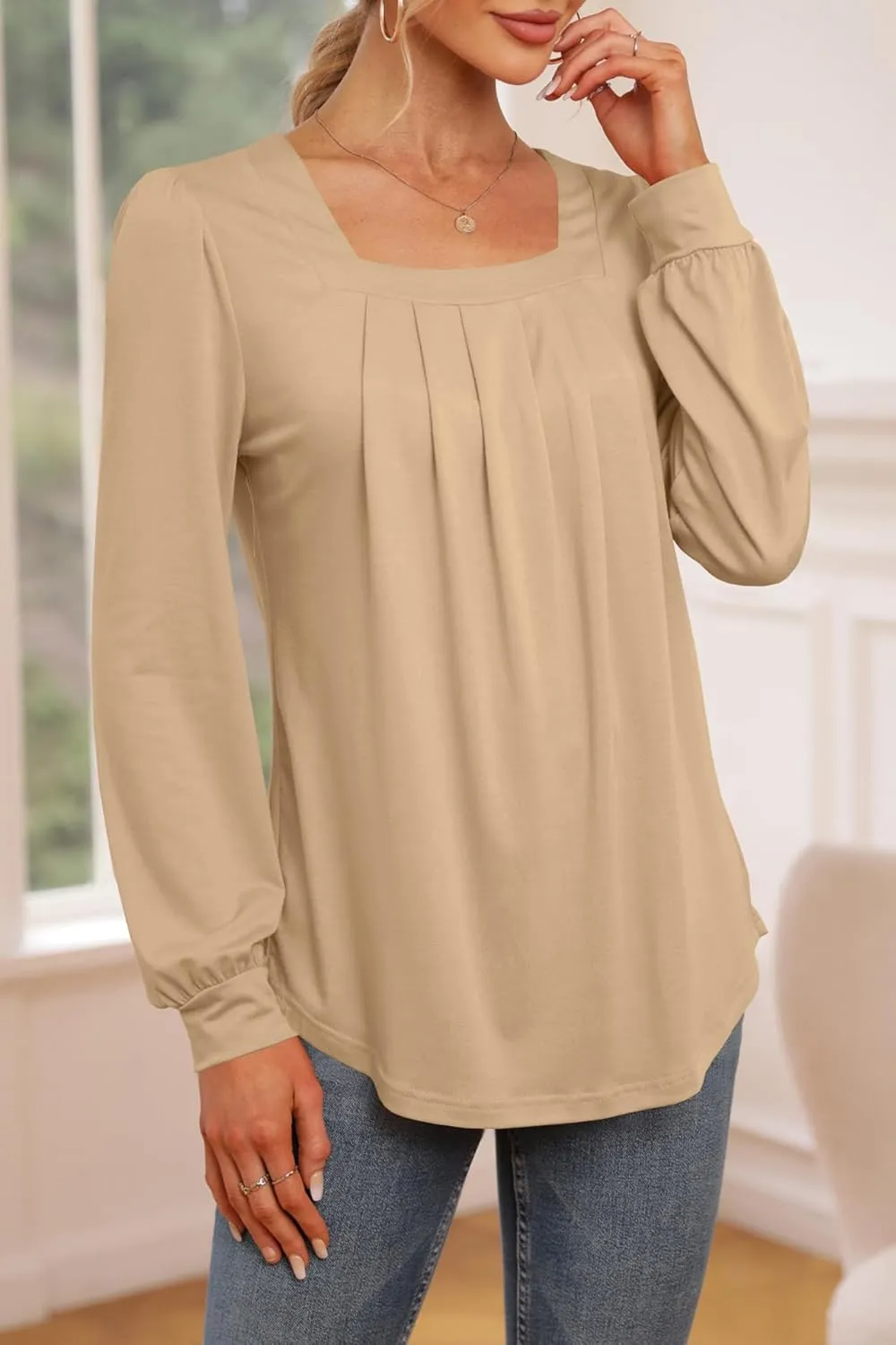 Danedvi Womens Square Neck Long Sleeve Tunic Tops Casual Pleated Puff Sleeve T Shirts Fall Loose Blouse Tee Khaki