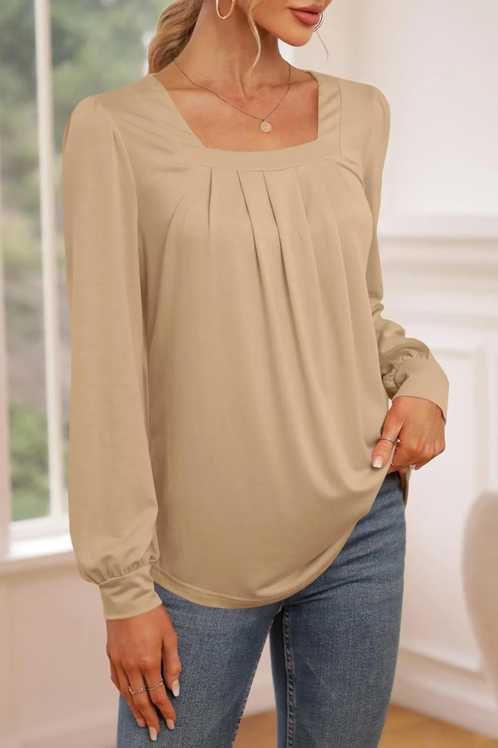 Danedvi Womens Square Neck Long Sleeve Tunic Tops Casual Pleated Puff Sleeve T Shirts Fall Loose Blouse Tee Khaki