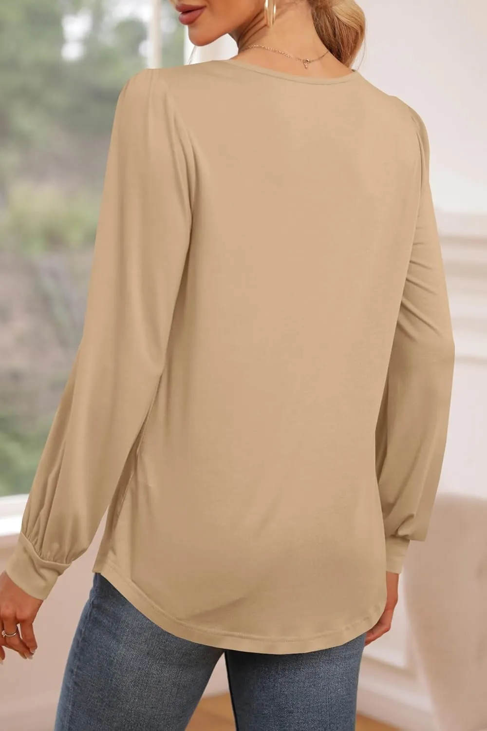 Danedvi Womens Square Neck Long Sleeve Tunic Tops Casual Pleated Puff Sleeve T Shirts Fall Loose Blouse Tee Khaki